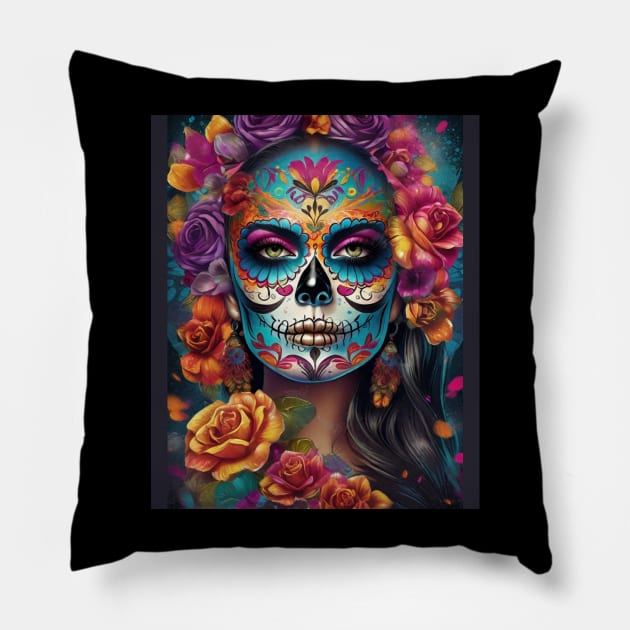 Embrace Tradition: Woman Adorned in Sugar Skull Makeup Pillow by ImaginativeInkPOD