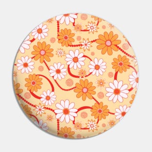 Vibrant Retro Floral Pattern in Hand-Drawn Style - Orange, Red and Pink Pin