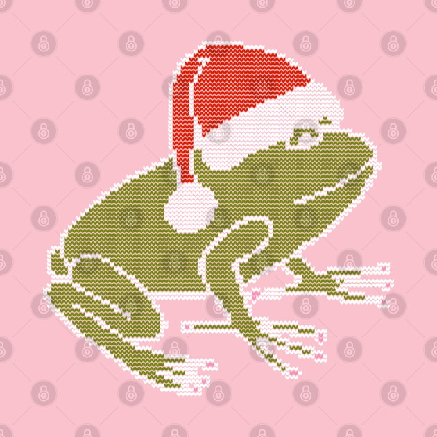 White Line Knitted Frog Wearing Christmas Santa Hat by ellenhenryart