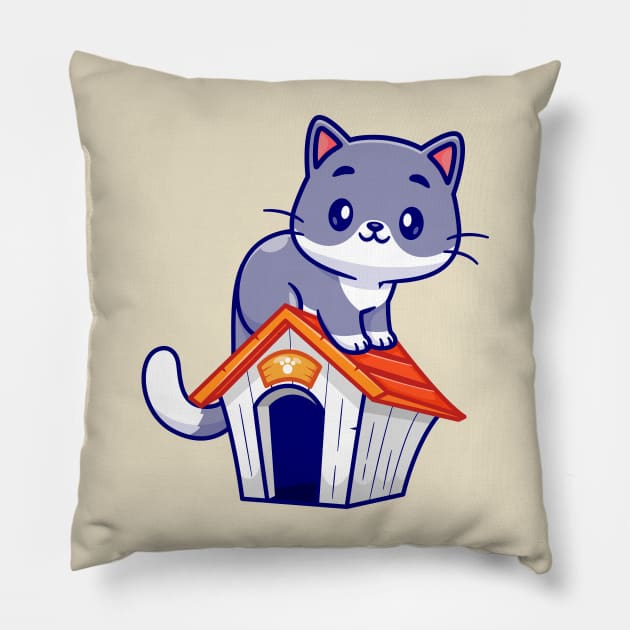 Cute Cat Sitting On Cat Cage Cartoon Pillow by Catalyst Labs