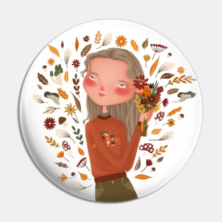 Beautiful fall girl with autumn flowers and orange leaves Pin