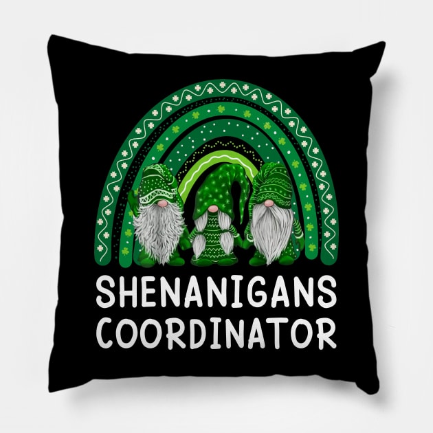 Shenanigans Coordinator Gnomies Rainbow Shamrock St Patricks Day Pillow by Jenna Lyannion