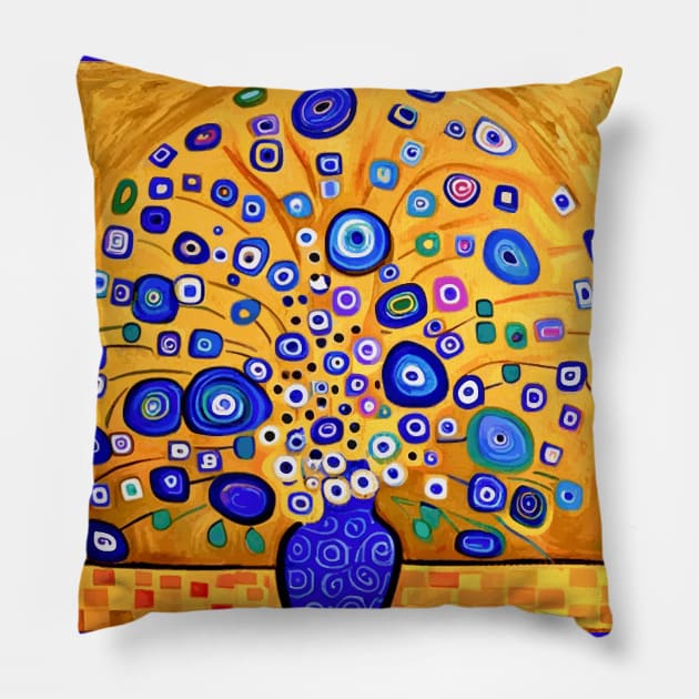 Cute Abstract Flowers in a Blue Vase Still Life Painting Pillow by bragova