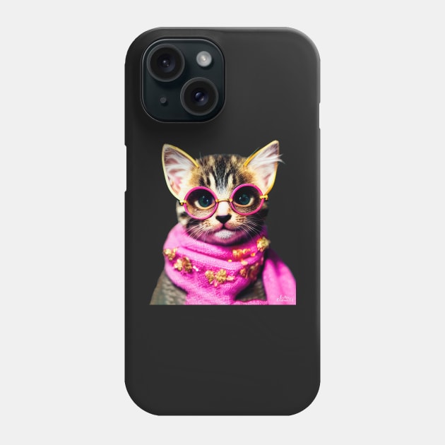 Kitten with pink scarf and glasses Phone Case by extraordinar-ia