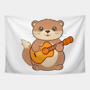 Adorable Sea Otter Playing Acoustic Guitar Cartoon Tapestry