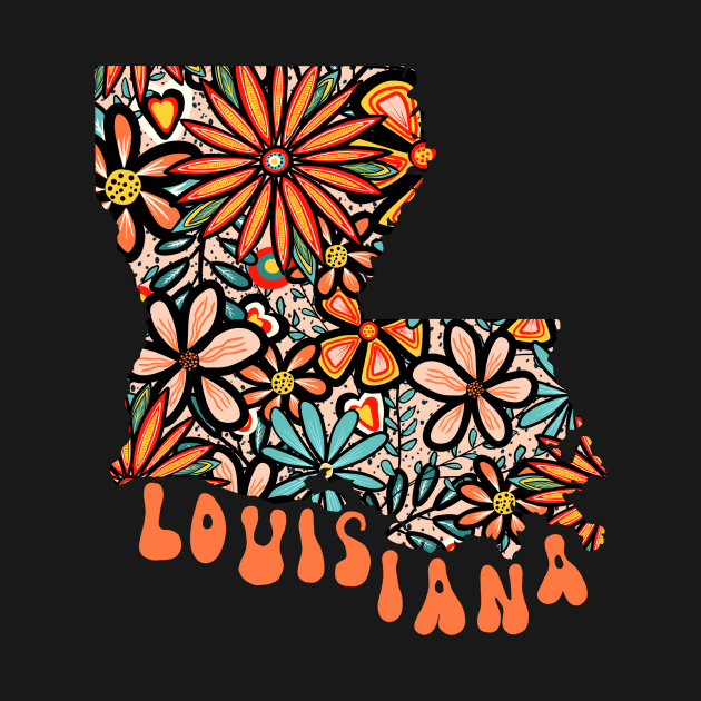 Louisiana State Design | Artist Designed Illustration Featuring Louisiana State Outline Filled With Retro Flowers with Retro Hand-Lettering by MarcyBrennanArt