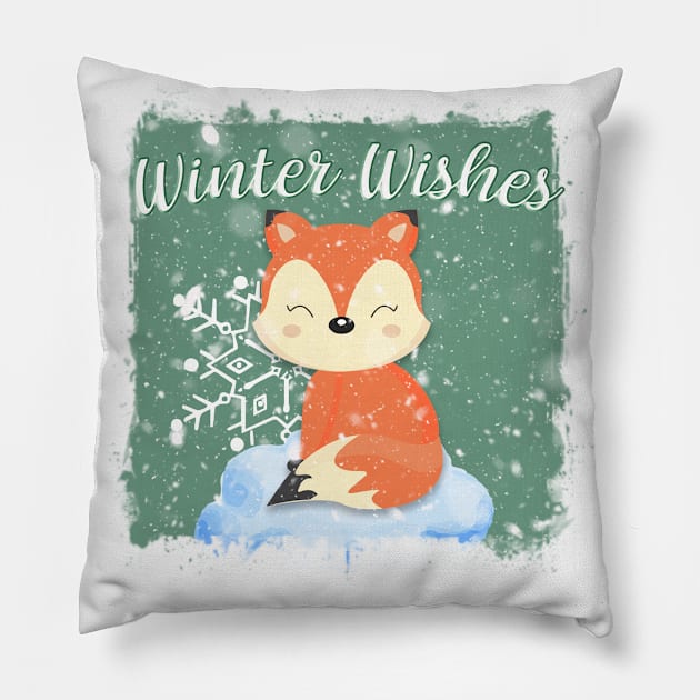 GREEN WINTER WISHES FOX Pillow by GreyMoonStudio