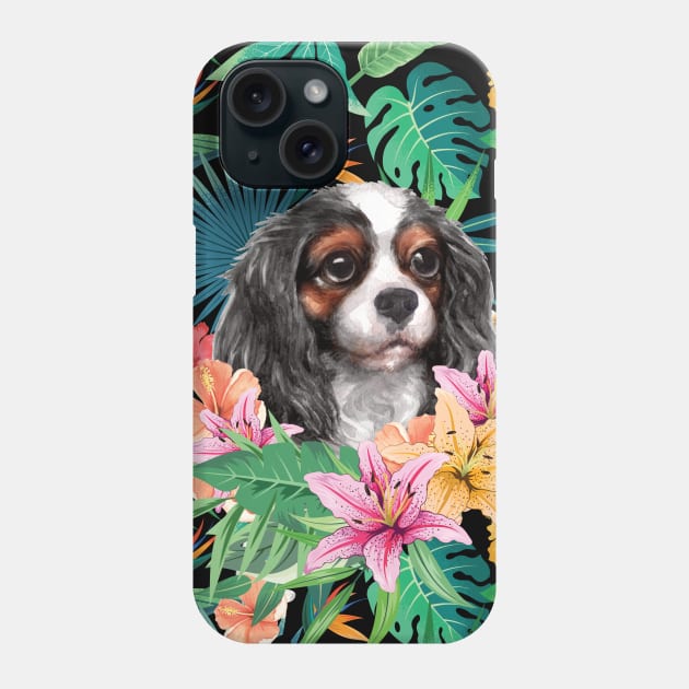 Tropical Tri-color Cavalier King Charles Spaniel Puppy Phone Case by LulululuPainting