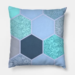 Denim Blue, Aqua & Indigo Hexagon Doodle Pattern Pillow