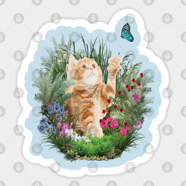 Ginger Kitten Playing With A Blue Butterfly Ginger Cat Sticker