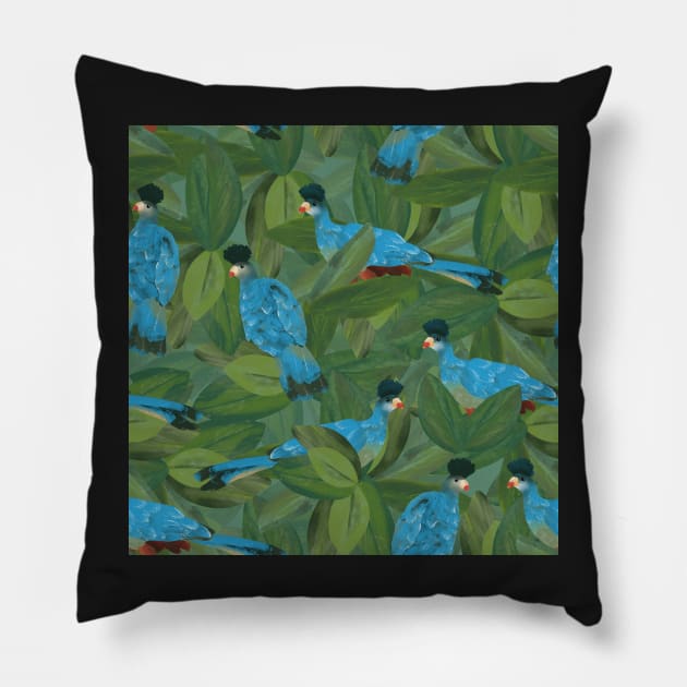 Great blue turacos in the trees Pillow by MSBoydston