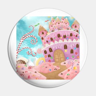 Magic cake and candy castle illustration. Fantasy sweets wonderworld background. Desserts dream landscape Pin