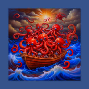 Octopus on a boat in a stormy night T-Shirt