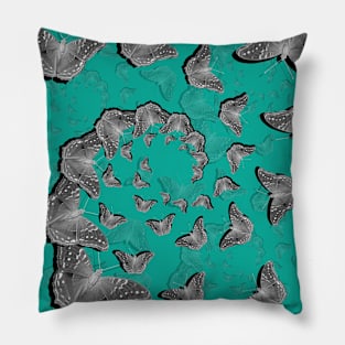 A swirl of gray butterflies on teal background Pillow