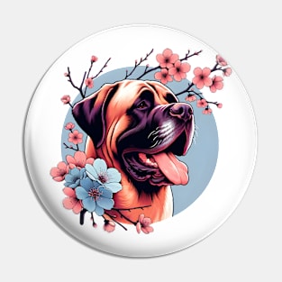 Spanish Mastiff Enjoys Spring Amidst Cherry Blossoms Pin