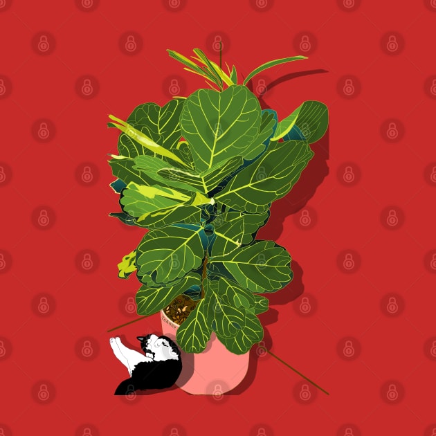 Cute tuxedo cat and Fiddle Leaf Fig Tree Copyright TeAnne by TeAnne