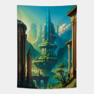 Solarpunk building with retro city aesthetic Tapestry