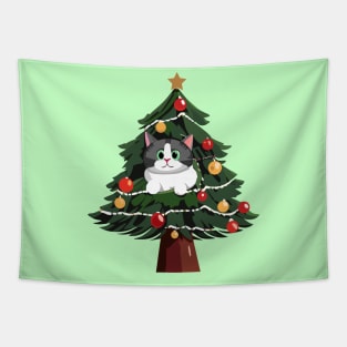 Gray Tabby Cat in a Christmas Tree Tapestry