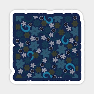 Retro 70's Floral Pattern Blue Magnet