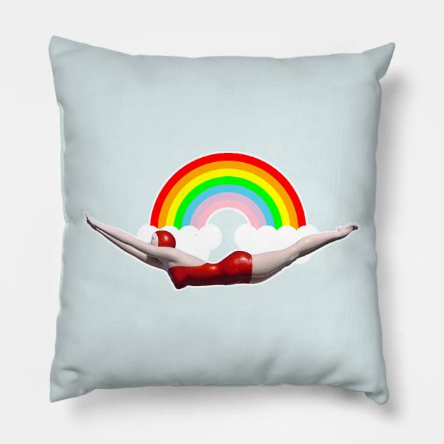 Swimmer in a red bathing suit in the middle of the rainbow of dreams Pillow by Marccelus