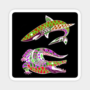 shark and alligator attack ecopop tribal totonac pattern art Magnet