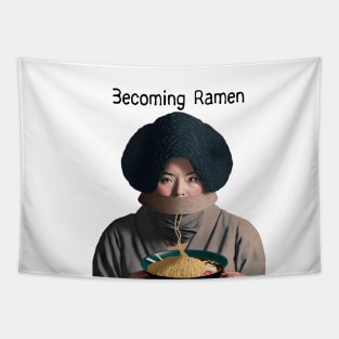 Becoming Ramen No. 2 -- Asian woman eating a bowl of ramen noodles wearing a stylish avant-garde hat Tapestry