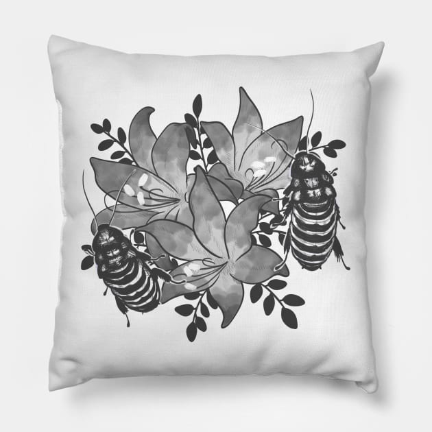 Belladonna Lilies and Hissing Cockroaches Pillow by starrypaige