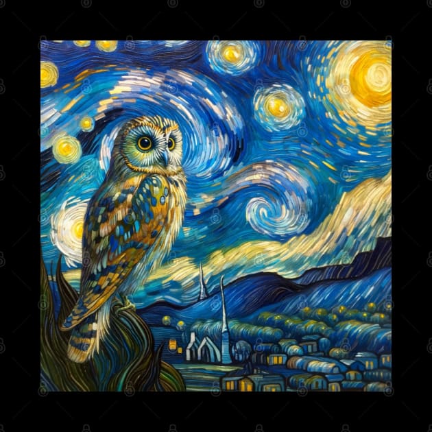 Starry Owl Night Tee: Van Gogh-Inspired Owl by Edd Paint Something