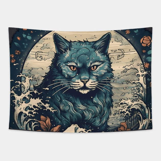 Dark Dramatic Ukiyo-e Cat Kanagawa Waves Tapestry by Amour Grki