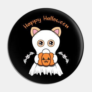 Happy Halloween Cute ghost Cat, Kawaii black cat with pumpkin Pin