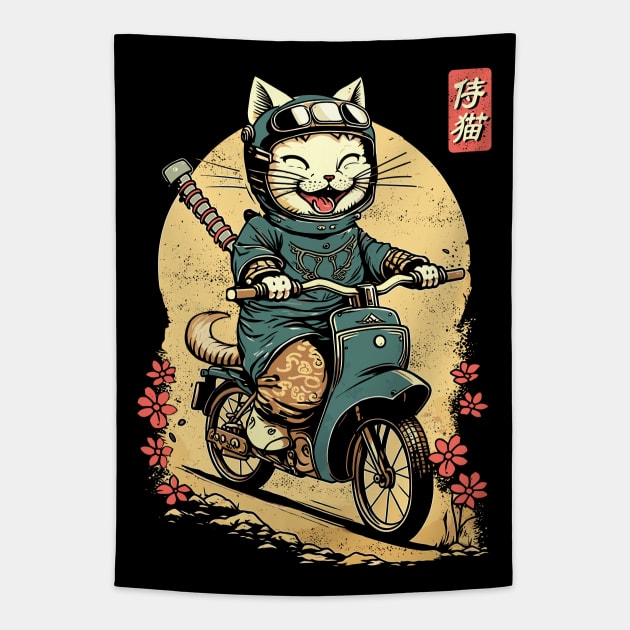 Japanese Samurai Cat on Motorcycle Kawaii Ninja Cat Tapestry by Apocatnipse Meow