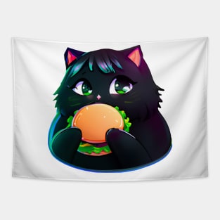 Black Fat cat eating burger Tapestry