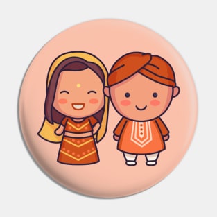 Cute Indian Bride & Groom in Traditional Clothing Cartoon Pin