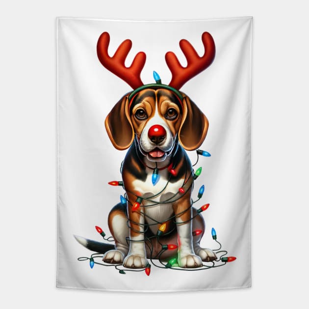 Christmas Red Nose Beagle Dog Tapestry by Chromatic Fusion Studio