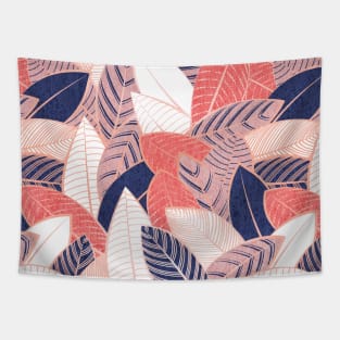 Leaf wall // pattern // navy blue coral and blush pink leaves rose metal lines Tapestry