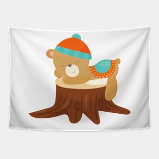 Autumn Bear, Sleeping Bear, Cute Bear, Tree Stump Tapestry