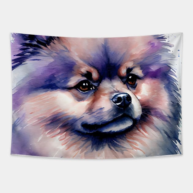 Cute Pomeranian Dog Watercolor with Purple Ink Accents Tapestry by designs4days