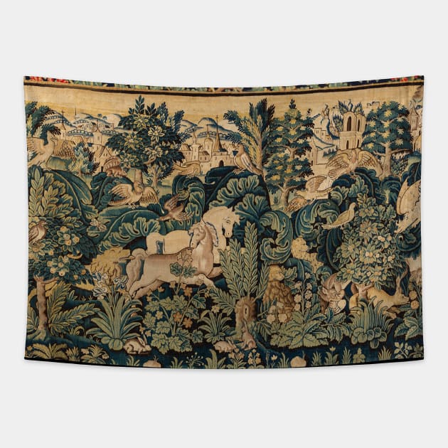 FANTASTIC ANIMALS AND HORSES IN WOODLAND Blue Green Ivory Antique French Tapestry Tapestry by BulganLumini