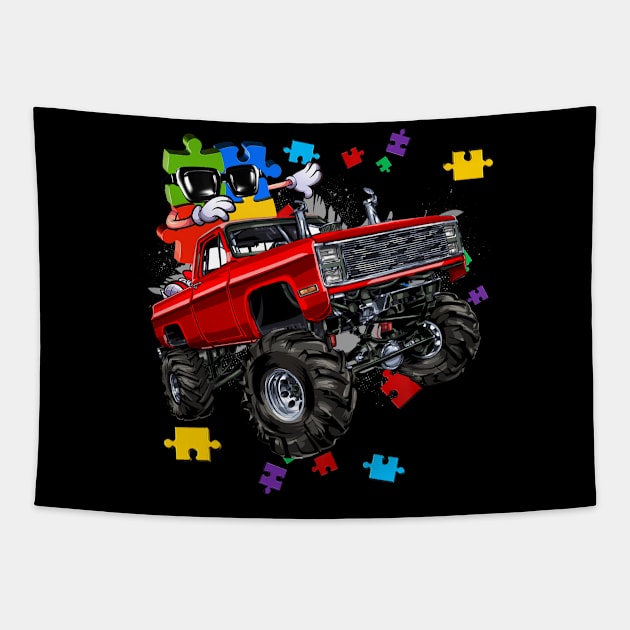 Monster Truck Autism Awareness Puzzle Piece Tapestry by peskyrubeus