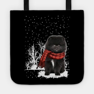 Christmas Black Pomeranian With Scarf In Winter Forest Tote