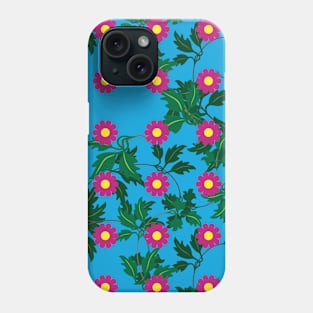 Cerise daisies with Yellow centres over layers of vine leaves on a Vibrant Blue background Phone Case