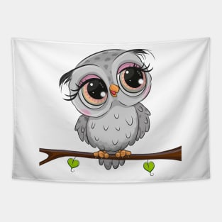 Cute grey owl sitting on a branch Tapestry