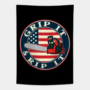 Chainsaw American Flag Grip It and Rip It Tapestry