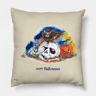 Happy Halloween Owl Skull Pillow