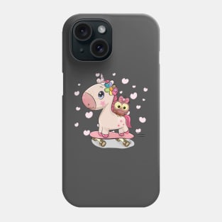 Cute pink little unicorn and owl on a skateboard Phone Case