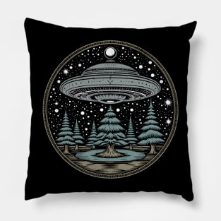 Vintage alien saucer over the forest Pillow