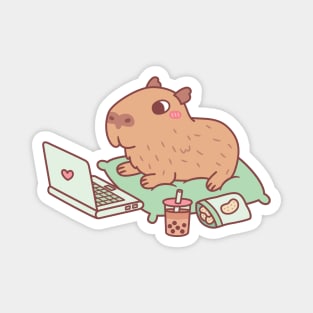 Cute Chilling Capybara With Laptop And Snacks Magnet