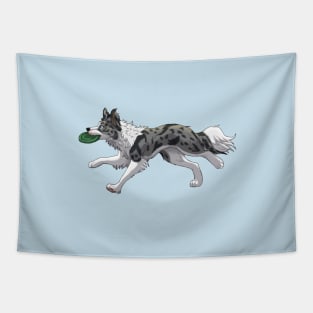 Running Blue Merle Border Collie with Frisbee Tapestry