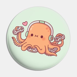 Cute Octopus Gamer With Four Video Game Controllers Pin