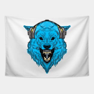 Blue Wolf With Headphone Tapestry